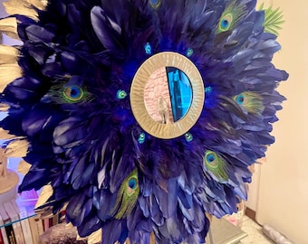 Feather Mirror, Juju Hat chic, navy blue, gold, with a gold metal mirror, made of peacock feathers, goose feathers and rooster feathers