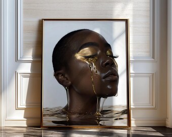 Neutral Wall Art, Afrocentric Abstract Black Woman Digital Print - Black, White, Gold, African Painting, Luxury Woman Art, Woman Portrait