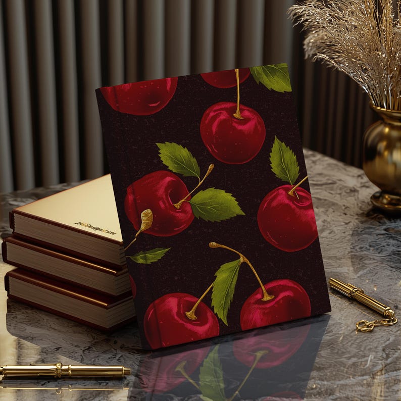 Puede incluir: Una libreta de color rojo oscuro con un patr&oacute;n repetido de cerezas rojas sobre un fondo negro. La libreta est&aacute; cerrada y se encuentra sobre una mesa con un bol&iacute;grafo dorado y una pila de libros.
