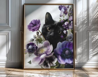 Black Cat Floral Wall Art Print, Purple Flower Cat Portrait, Moody Botanical Cat Decor, Cottagecore Animal Art, Gift for Cat Lovers