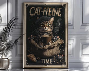 Katzen Kaffee Poster Lustig, Katzenzeit Wandkunst, süße Katzen Kaffee Druck, Kaffee Liebhaber Geschenk, Küchendeko, Katzenliebhaber Kunst