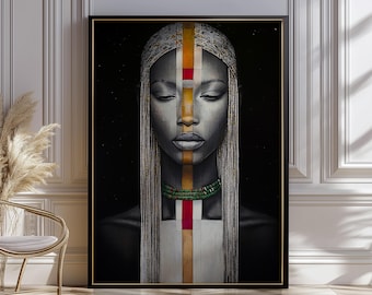 May include: A framed wall art print featuring a stylized portrait of a person with dark skin, wearing a headpiece and long braids. A vertical gold, red, and white geometric stripe runs down the center of the face and chest. A green beaded necklace is visible.