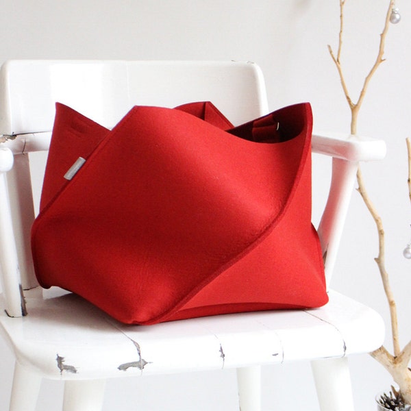 Red Folding Bag / Large Industrial Felt Bag / Tote Bag / Travel Bag / Storage Basket