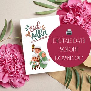 Eid al-Adha Cash Gift Card for Kids – Digital Greeting Card with Muslim Family – Islamic Holiday Card to Print