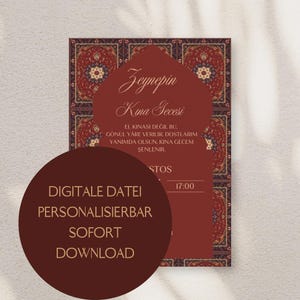 Convite Digital para Noite de Henna | Cartão de Convite de Casamento Chinês | Personalizável e Download Instantâneo | Design Oriental | Casamento Turco