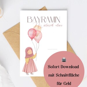 女の子向けの Eid/Bayram キャッシュ ギフト カード - カット領域付きのくすんだピンク/ピンクのデジタル A6 テンプレート |トルコ語とアラビア語