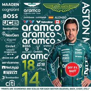 Peut inclure: Une combinaison de pilote de course verte et noire avec les numéros 18 et 14 sur le devant. La combinaison comporte plusieurs logos, notamment Aramco, Aston Martin et Valvoline. La combinaison porte également le texte "DIY F1 Suit" sur le devant.