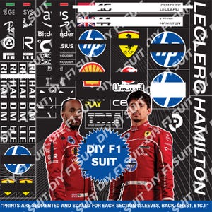 May include: A black graphic with two Formula 1 drivers in red racing suits, logos, and text. The central text reads "DIY F1 SUIT". The image also includes the text "PRINTS ARE SEGMENTED AND SCALED FOR EACH SECTION (SLEEVES, BACK, CHEST, ETC.)".
