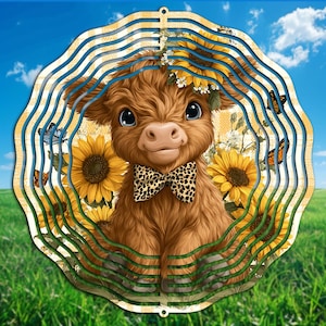 Highland Cow Wind Spinner PNG Sublimation Design, Highland Cow sunflower Windspinner Spring Hanging Wall Art, Sublimation Digital Download