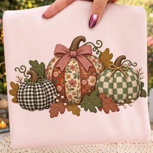 May include: A light pink sweatshirt featuring a graphic of three pumpkins. The left pumpkin has a black and white gingham pattern, the center pumpkin has a floral print with a pink bow, and the right pumpkin has a green and white checkerboard pattern.