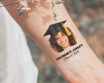 Tatuaje temporal personalizado para ceremonia de graduación, cara de graduado personalizada, birrete de graduación, recuerdos para fiesta de graduación