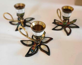 Juego de 3 portavelas de latón y nácar