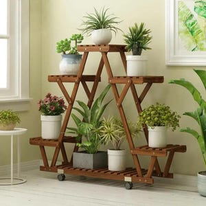Triangular Plant 6 Potted Planter Stand Indoor Wood Plant Holder Flower Pot Stand Display |Wooden Plant Shelves Plant Stands
