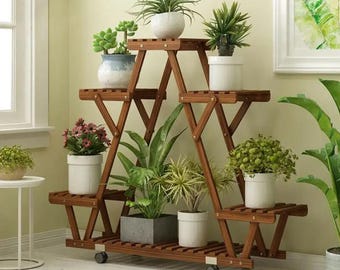 Rustic Triangular Wood Plant Stand | Indoor Outdoor Display
