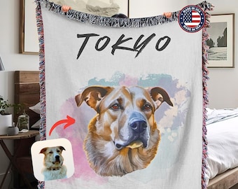 Custom Dog Photo Blanket with Name, watercolor pet portrait, personalized woven throw, pet lovers gift, dog mom gift, pet memorial gift