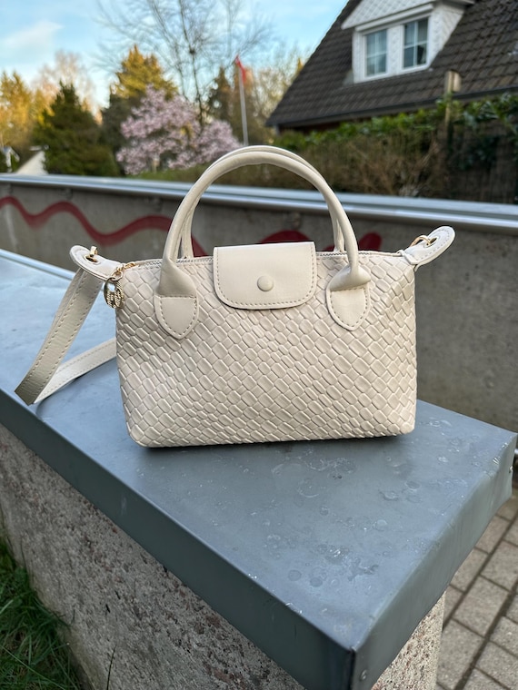 Weiß Vegan Leder Handtasche – Kleine Kroko-embossed Umhängetasche