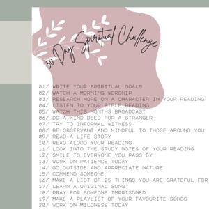 May include: A printable 30-day spiritual challenge checklist with a pink background and white floral design. The checklist includes 20 spiritual activities, such as writing spiritual goals, watching a morning worship service, and doing a kind deed for a stranger.