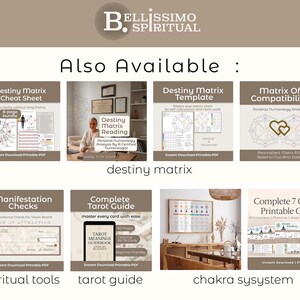 A branded overview of digital products available in the shop, featuring Destiny Matrix calculation guides, numerology tools, and educational PDF resources. This image presents the store as a cohesive collection for self-study, manual calculations, and spiritual numerology practice, tarot guide and cheat sheet, chakra guide , helping customers discover related destiny matrix products and build a complete learning system.