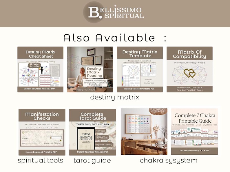 A branded overview of digital products available in the shop, featuring Destiny Matrix calculation guides, numerology tools, and educational PDF resources. This image presents the store as a cohesive collection for self-study, manual calculations, and spiritual numerology practice, tarot guide and cheat sheet, chakra guide , helping customers discover related destiny matrix products and build a complete learning system.