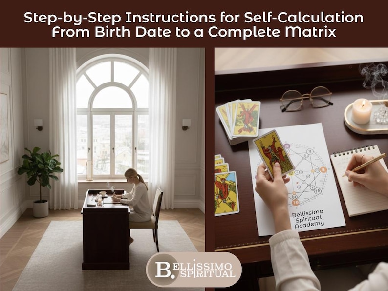 A lifestyle-style banner illustrating step-by-step instructions for self-calculating the Destiny Matrix using a printed PDF guide. The image reinforces the idea of manual calculation, learning by doing, and understanding each formula, appealing to users who want a hands-on approach to destiny matrix numerology and structured self-study.