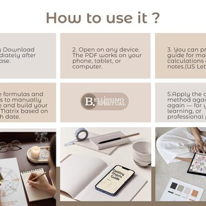 An instructional image explaining how to use the Destiny Matrix manual calculation guide, including instant download, digital use on any device, and printable format. This visual helps buyers understand how to work with the PDF step by step, apply formulas correctly, and reuse the guide for multiple destiny matrix calculations over time.