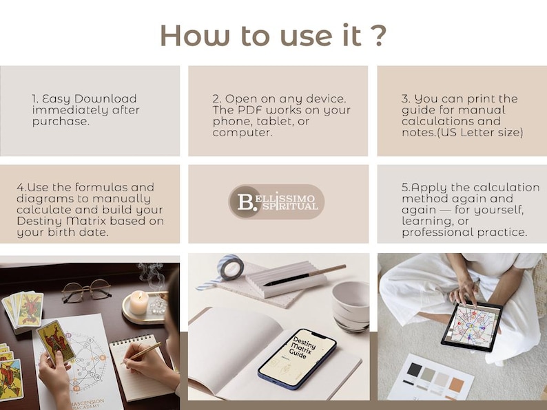 An instructional image explaining how to use the Destiny Matrix manual calculation guide, including instant download, digital use on any device, and printable format. This visual helps buyers understand how to work with the PDF step by step, apply formulas correctly, and reuse the guide for multiple destiny matrix calculations over time.