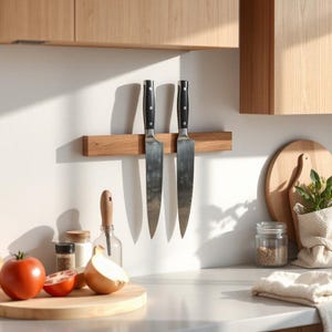 May include: A wooden magnetic knife holder with two silver knives attached to it. The holder is mounted on a white wall. There are various kitchen items on the counter below the holder, including a chopping board, a jar of spices, and a bowl of onions.