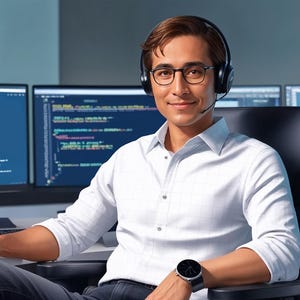 May include: A man wearing a white shirt and glasses sits in an office chair in front of multiple computer monitors. He is wearing a headset with a microphone. He is smiling and looking at the camera.