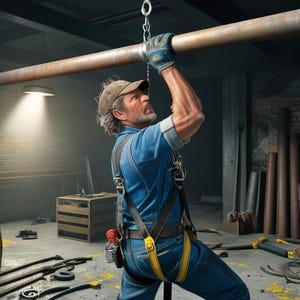May include: A man wearing a blue jumpsuit and a safety harness is hanging from a metal pipe. He is wearing a blue baseball cap and has a beard. The pipe is in a dark, industrial setting.