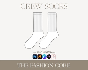 May include: A pair of white crew socks, shown in a flat lay. The socks are a simple design with no embellishments. The image includes the text "CREW SOCKS", "AI/PDF/PNG CADS", "THIS IS NOT A SEWING PATTERN", and "THE FASHION CORE".