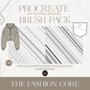 May include: A Procreate brush pack with over 40 sewing brushes, shown with a drawing of a grey hoodie with a purple heart. The image also displays various stitch patterns and the text "PROCREATE BRUSH PACK".