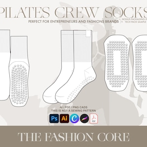 Puede incluir: Dibujo lineal de calcetines de Pilates con diseño de suela antideslizante. La imagen incluye múltiples vistas de los calcetines, con el texto "PILATES CREW SOCKS" en la parte superior y "THE FASHION CORE" en la inferior.
