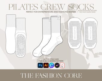 Pilates Grippy Crew Scallop Socks: Editable Fashion Design Flat (AI, Canva, Procreate) Digital Download