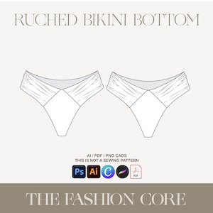 Ruched Swim Bikini Bottom | Trending Fashion Design Editable Technical Flat Ai CAD (Front + Back) for Illustrator, Canva, and Procreate