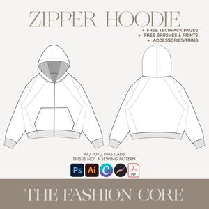 Puede incluir: Un dibujo técnico de una sudadera con capucha blanca con cremallera, que se muestra desde la vista frontal y posterior. El diseño incluye una capucha y un bolsillo delantero. El texto "ZIPPER HOODIE" y "THE FASHION CORE" están incluidos, junto con detalles sobre recursos gratuitos.