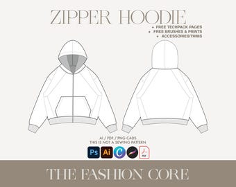 Maqueta de sudadera con capucha de gran tamaño con cremallera, diseño técnico plano/de moda, editable, Ai CAD (parte delantera y trasera) para Illustrator, Canva y Procreate.