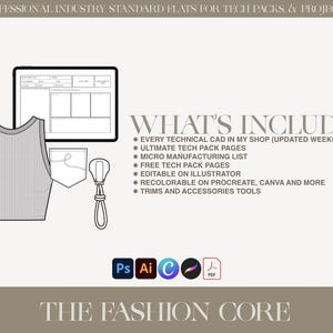 May include: A digital fashion design graphic with the text "WHAT'S INCLUDED" and a list of features. The image includes a tank top, pocket, zipper, and a tablet with a technical drawing. Software icons are also present. The text "THE FASHION CORE" is at the bottom.