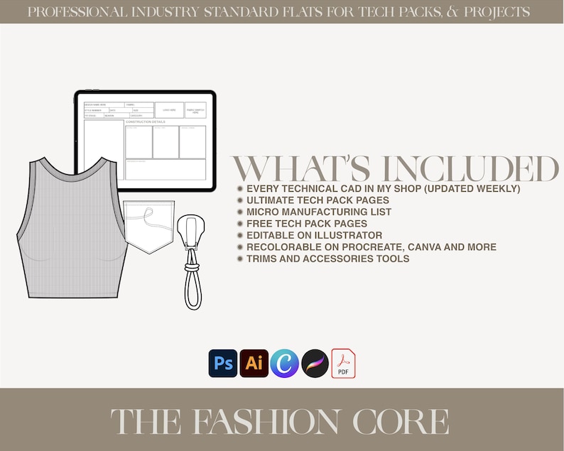May include: A digital fashion design graphic with the text "WHAT'S INCLUDED" and a list of features. The image includes a tank top, pocket, zipper, and a tablet with a technical drawing. Software icons are also present. The text "THE FASHION CORE" is at the bottom.