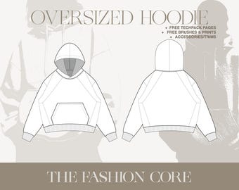 Maqueta de sudadera con capucha extragrande, diseño técnico plano/de moda, editable, Ai CAD (parte delantera y trasera) para Illustrator, Canva y Procreate.