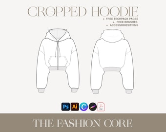 May include: A white cropped hoodie with a zipper and a pocket on the front. The hoodie is shown in a flat lay, with the hood folded down. The image includes the text "CROPPED HOODIE", "FREE TECHPACK PAGES", "FREE BRUSHES", "ACCESSORIES/TRIMS", "Ps Ai C", "PDF", and "THE FASHION CORE".