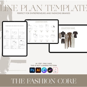 May include: Three black tablets displaying a fashion design template. The text "LINE PLAN TEMPLATE" and "THE FASHION CORE" are visible. The tablets show fashion sketches and the text "AI / PDF / PNG CADS" and "THIS IS NOT A SEWING PATTERN".