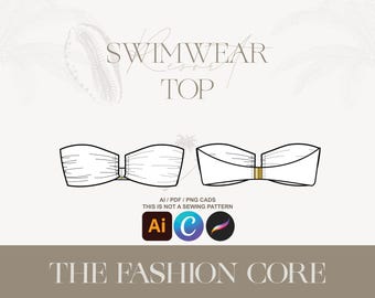Swim Ruched Bandeau Bikini top Mockup | Fashion Design Editable Technical Flat Ai CAD (Front + Back) for Illustrator, Canva, and Procreate
