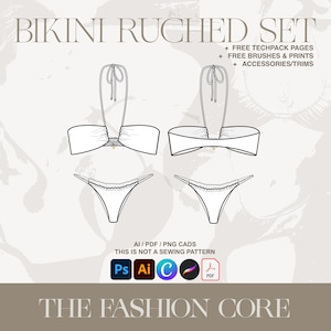 Puede incluir: Ilustración de un conjunto de bikini blanco. La parte superior presenta un diseño fruncido con tirantes anudados, y la parte inferior es de estilo tanga. El texto dice "BIKINI RUCHED SET" y "THE FASHION CORE".