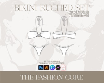 Bikini 2-Piece Ruched Set CAD: Editable Fashion Design Flat (AI, Canva, Procreate) | Digital Download