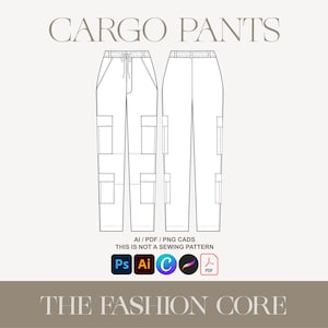 May include: Line drawing of cargo pants with multiple pockets. The drawing is in black and white and shows the front and back views of the pants.