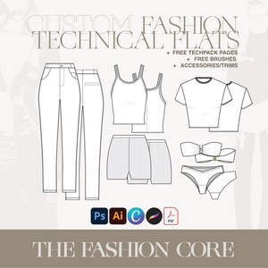 Może przedstawiać: Zestaw technicznych płaskich rysunków odzieży do projektowania ubrań. Zestaw zawiera spodnie, top na ramiączkach, t-shirt, szorty, top bandeau i dół od bikini. Rysunki są w czerni i bieli i są narysowane na białym tle.  + BEZPŁATNE STRONY TECHPACK + BEZPŁATNE PĘDZLE + AKCESORIA/WYKOŃCZENIA