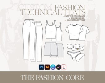 Custom Technical CAD Mockup | Trending Fashion Design Editable Technical Flat Ai CAD (Front + Back) for Illustrator, Canva, and Procreate