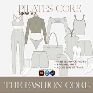 Pilates Core Bundle | 10+ Fashion Design Editable Technical Flat Ai CAD for Illustrator, and, Procreate with Free Tech Pack Pages & Trims