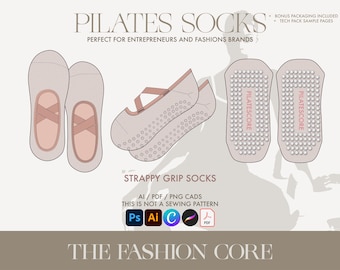 May include: Illustration of Pilates socks in various styles, including strappy grip socks. The design features a light beige color with pink accents and the text "PILATES SOCKS" at the top. The image also includes the text "STRAPPY GRIP SOCKS" and "THE FASHION CORE".