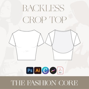 May include: A technical drawing of a white crop top with short sleeves. The front view shows a round neckline. The back view shows a backless design. The text "BACKLESS CROP TOP" is at the top of the image.